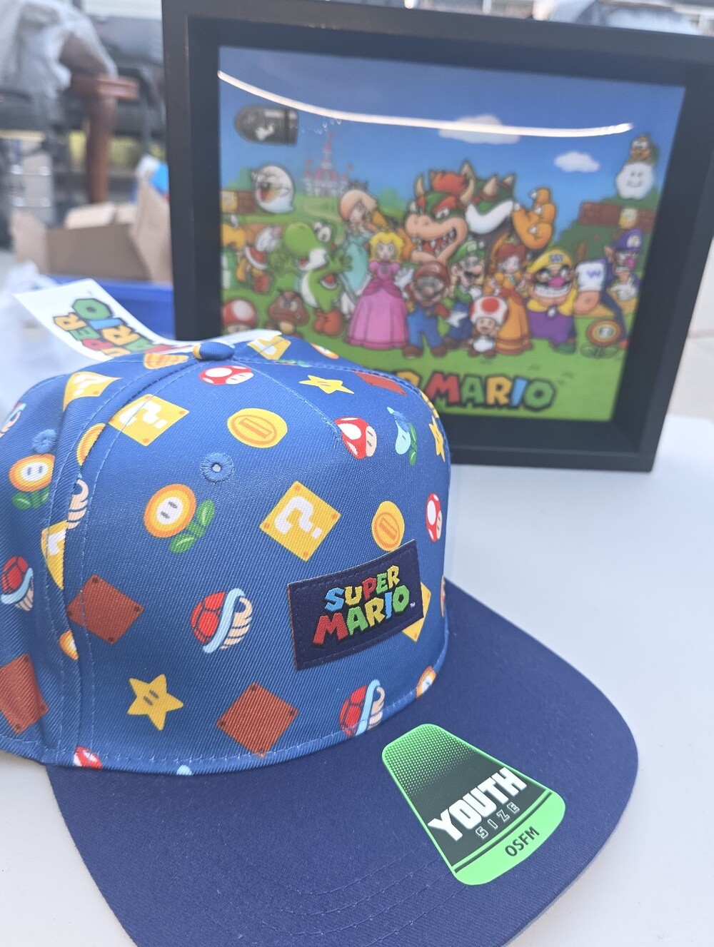 Nintendo Super Mario Blue Youth Snapback Cap with Multicolor Icons And Picture.